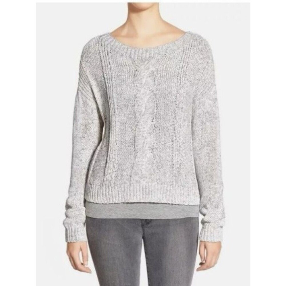 Eileen Fisher Marled Gray Long Sleeve Cable Knit Cotton Pullover Sweater Size XS